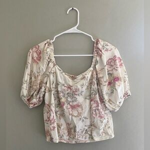 H&M Small Cream and Pink Floral Linen Blend Blouse